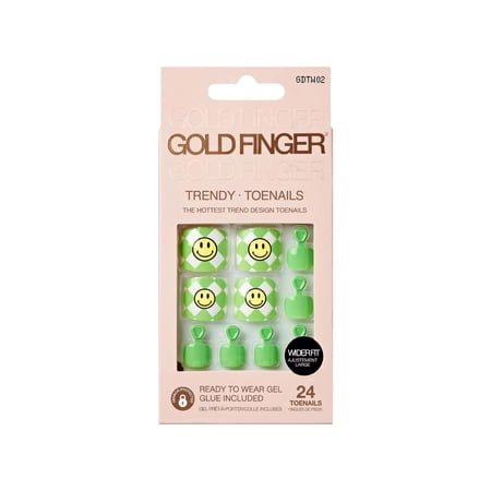 GoldFinger Trendy Press On Fake Toenail Kit Wider Fit, Smile Face Graffiti Print & Green Color, Ready to Wear Gel & Manicure Stick, Mini Glue included, Long-Lasting Convenient & Easy to Apply