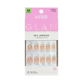 Kiss Glam 3D & Jeweled Medium Almond Press-On Nails, Neutral, 32 Pieces