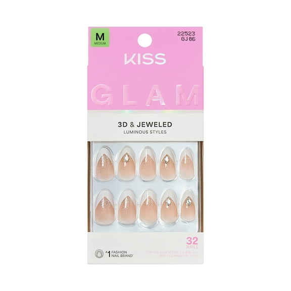KISS GLAM 3D & Jewel Press On Nails Almond, ‘Applause’, Neutral, Medium Length, 32 Count