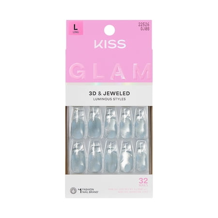 Kiss Glam 3D & Jeweled Long Coffin Press-On Nails, Blue, 32 Pieces