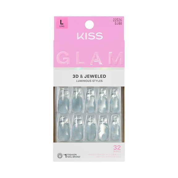 KISS GLAM 3D & Jewel Press On Nails , Seraphic, Blue, Long Coffin Shaped, 32 Count