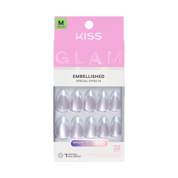 KISS GLAM Embellished Press On Nails Almond, Fairy Tale, Pink, Medium Length, 32 Count