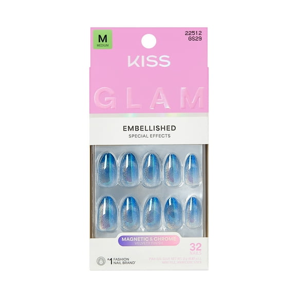 KISS GLAM Embellished Press On Nails Almond, Glow Forever, Blue, Medium Length, 32 Count