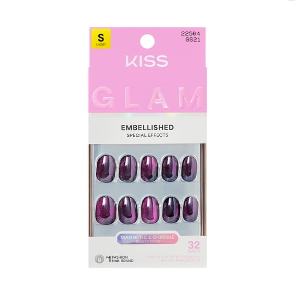 KISS GLAM Embellished Press On Nails, Simple Joys, Purple, Short Round, 32 Count