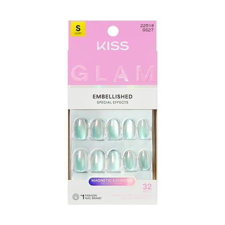 KISS GLAM Embellished Press On Nails, ‘Celestique’, Blue, Short Round, 32 Count