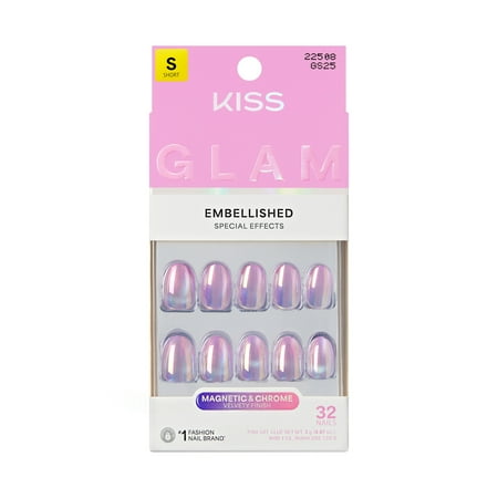 KISS GLAM Embellished Press On Nails, ‘One n Only’, Pink, Short Round, 32 Count