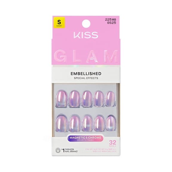 KISS GLAM Embellished Press On Nails, One n Only, Pink, Short Round, 32 Count