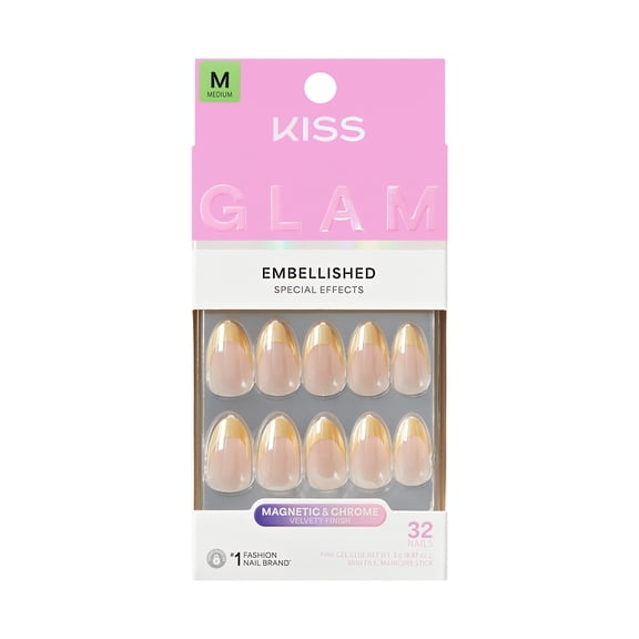KISS GLAM Embellished Press On Nails Almond, Always Glowing, Yellow, Medium, 32 Count