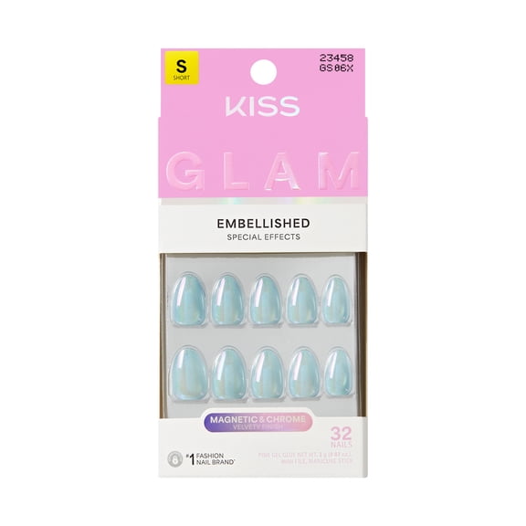 Kiss Glam Embellished Press On Nails Almond, Sugar Lake, Green, Short, 32 Count