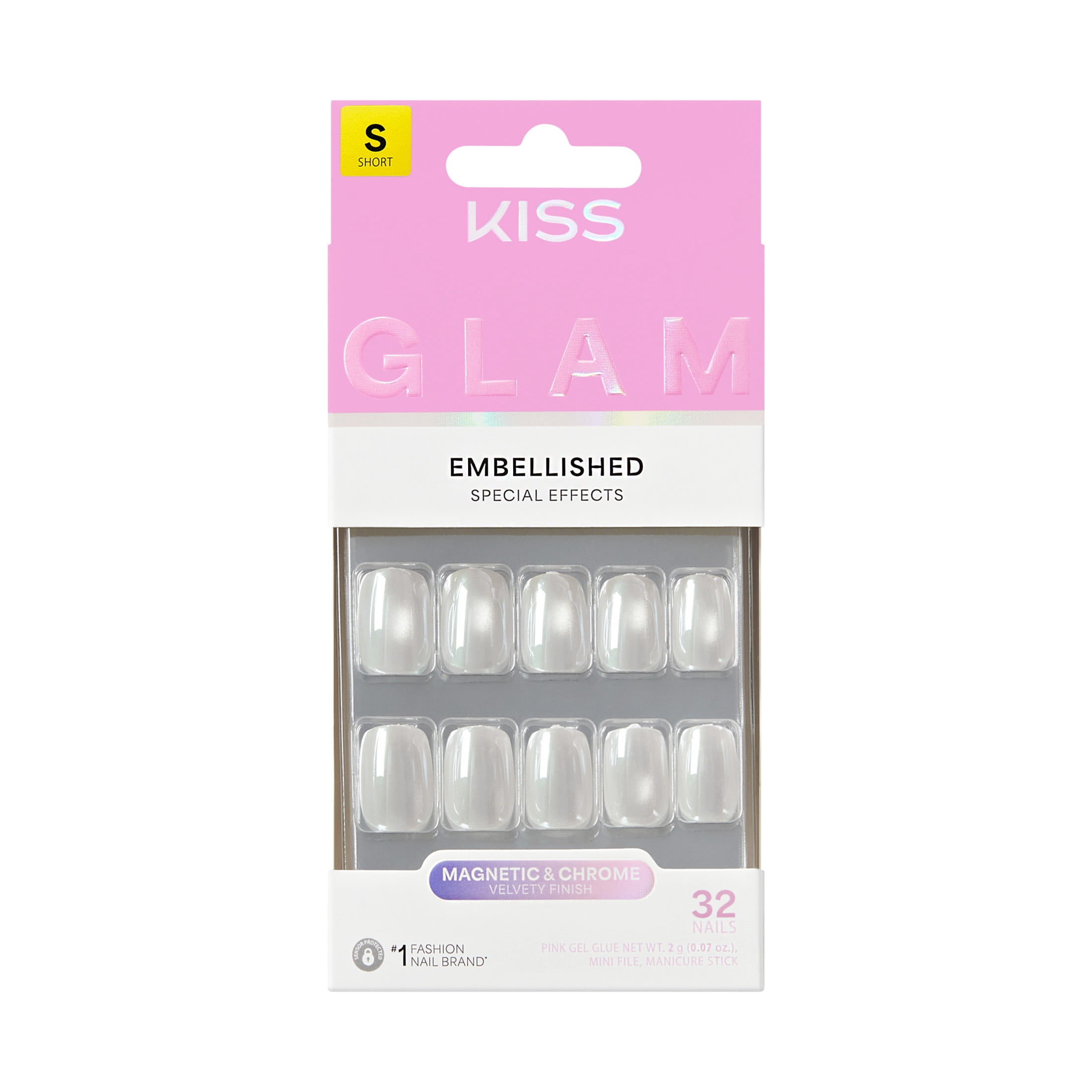 Kiss Glam Embellished Press On Nails, ‘Moonfizz’, White, Short Squoval, 32 Count