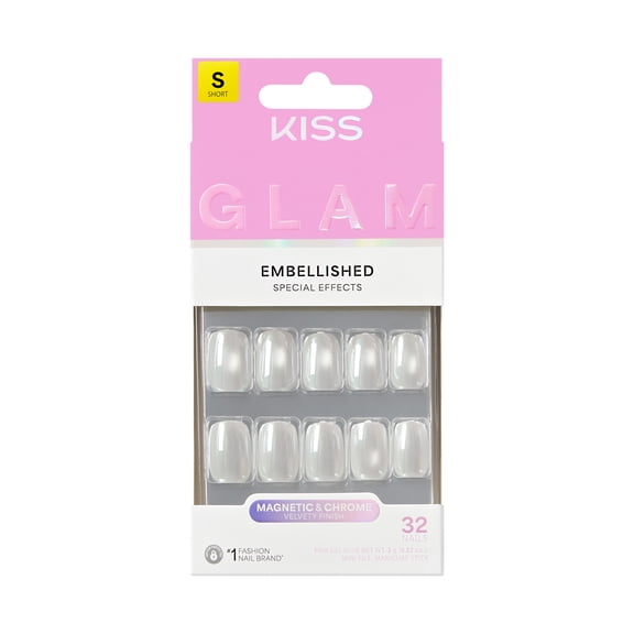 Kiss Glam Embellished Press On Nails, Moonfizz, White, Short Squoval, 32 Count