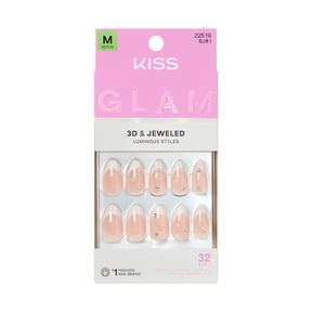 Kiss Glam 3D & Jeweled Press On Nails Almond, Serendipity Awaits, Neutral, Medium, 32 Count