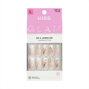 Kiss Glam 3D & Jeweled Long Square Press-On Nails, Neutral, 32 Pieces