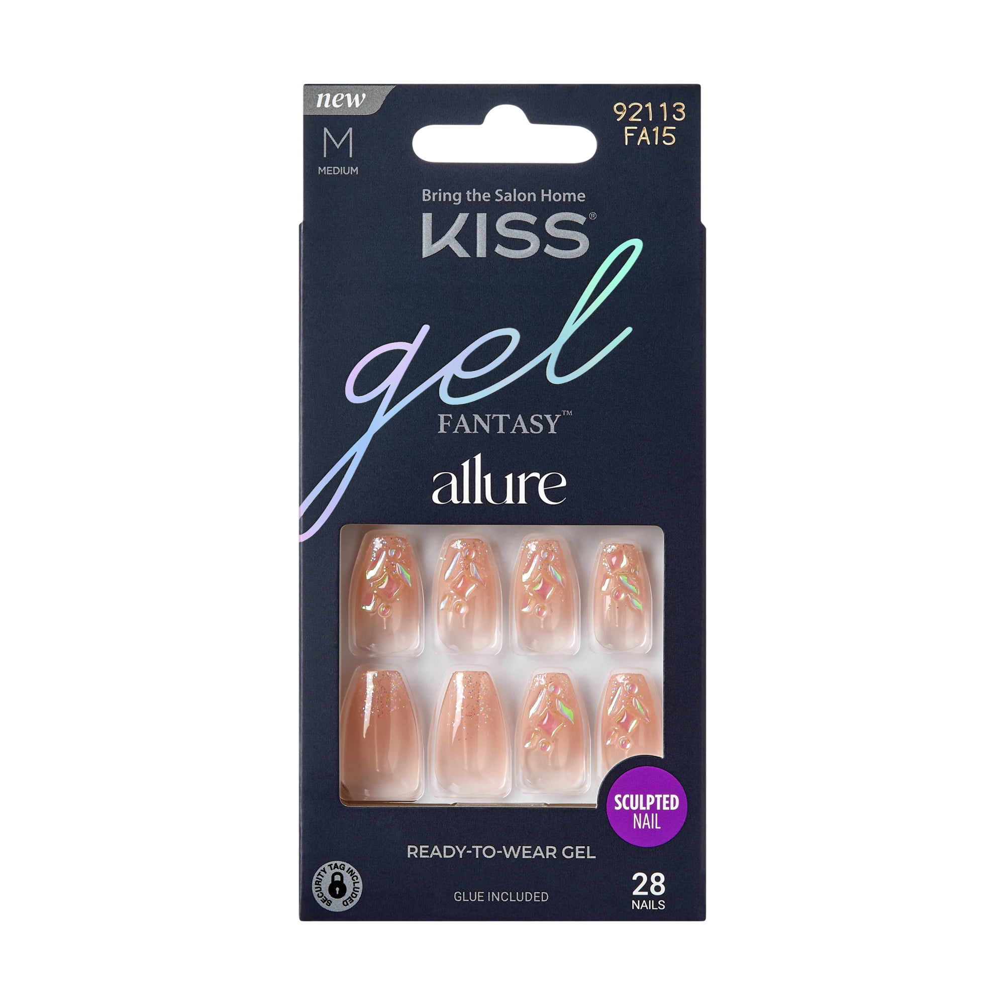 KISS Gel Fantasy Allure Allure Press on Nails, Be Here Now, Beige, Medium Coffin, 28 Count