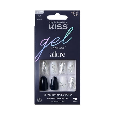 KISS Gel Fantasy Allure Ready-To-Wear Medium Coffin Fake Nails, Black & Silver, 28 Pieces