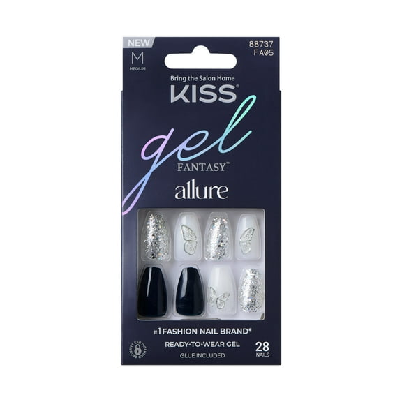 KISS Gel Fantasy Allure Medium Coffin Press-on Nails with Glue, Blue, 28 Pieces