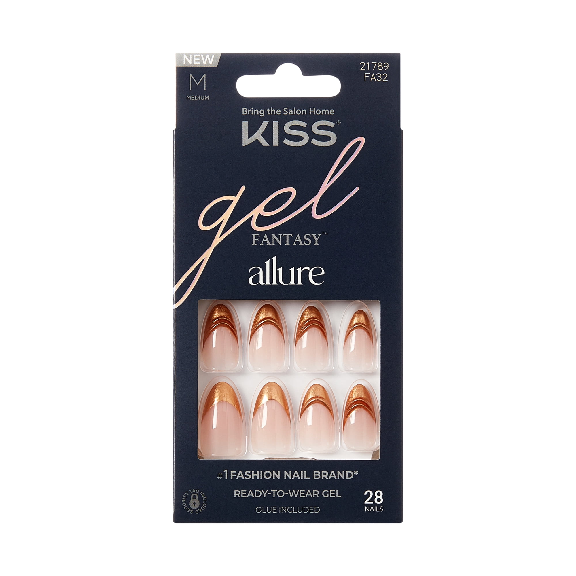 KISS Gel Fantasy Allure Press On Nails Almond, Golden Trace, Beige, Medium, 28 Count