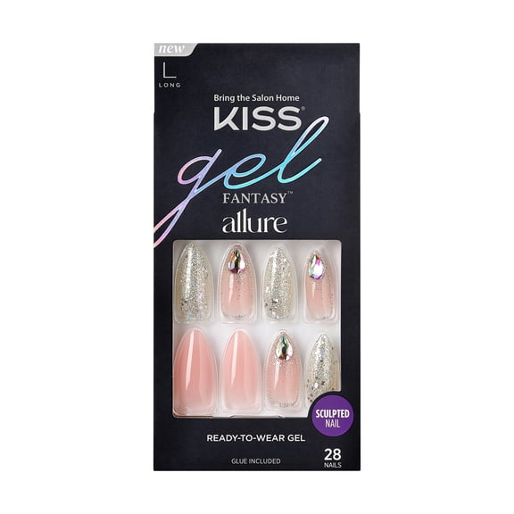 KISS Gel Fantasy Allure Ready-To-Wear Long Almond Fake Nails, Pink & Silver, 28 Pieces