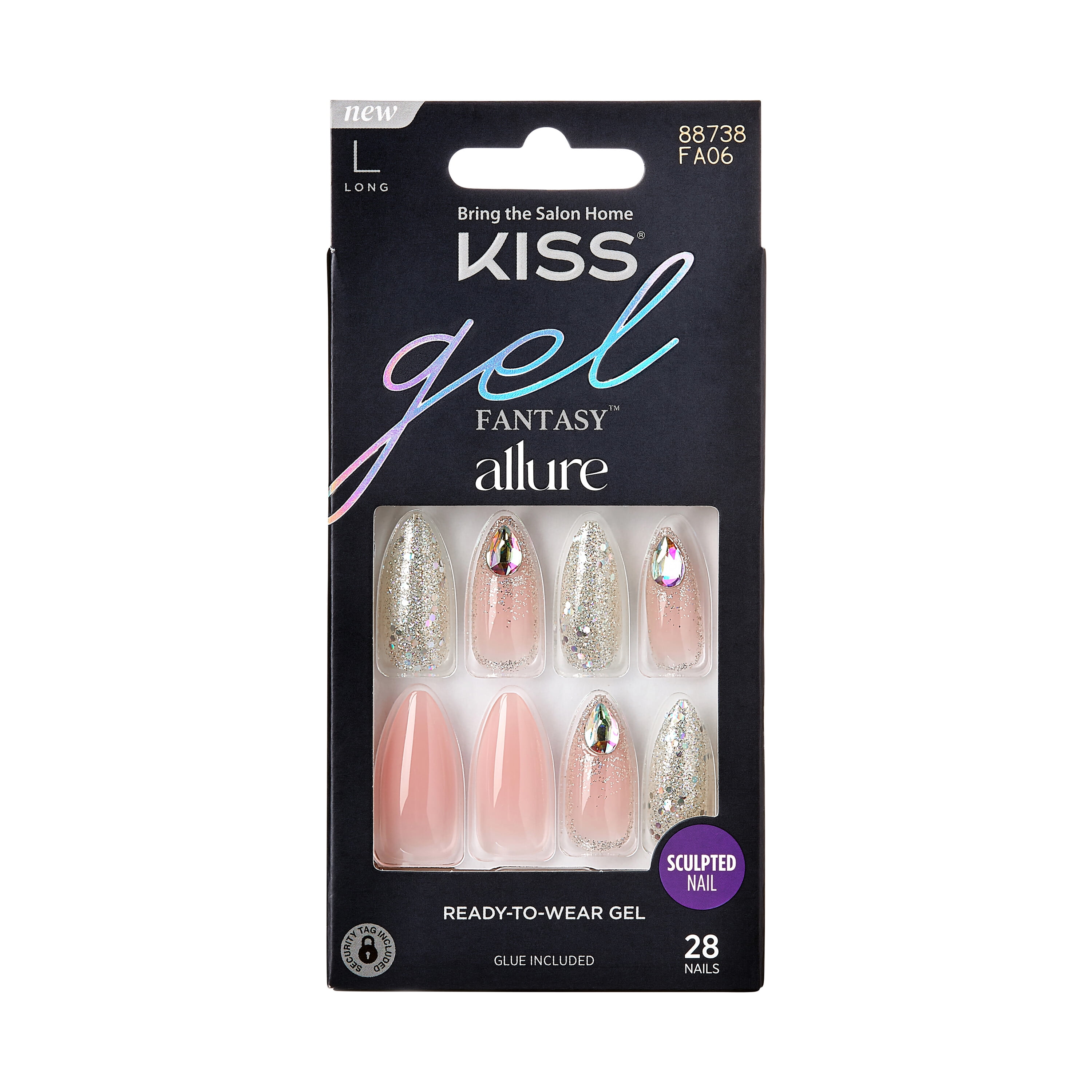 KISS Nails MASTERPIECE LUXE Glue Manicure LONG Gel Coffin Pink Silver Gems  | eBay