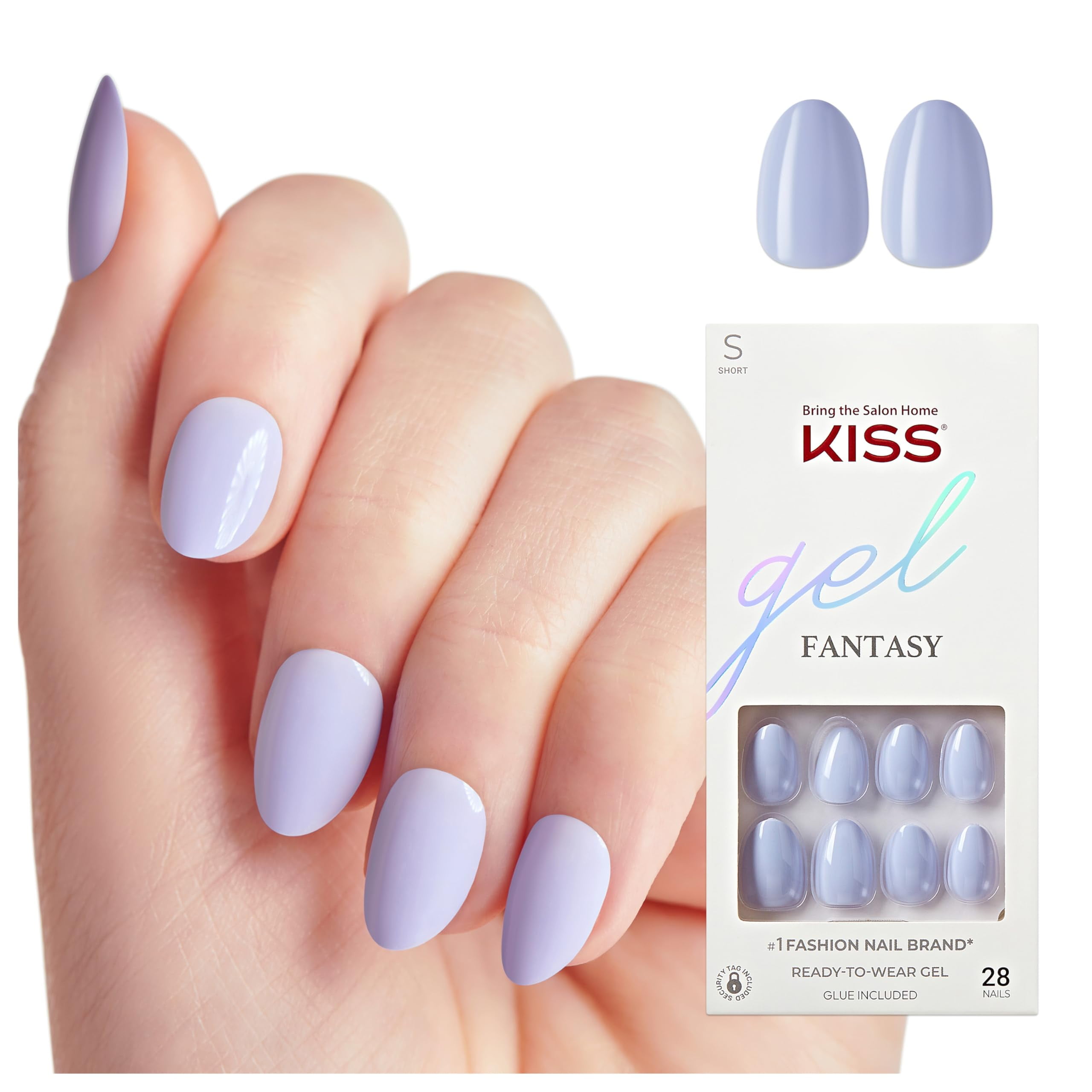 KISS Gel Fantasy Color Press On Nails, 'Day1', Solid Blue, Short Almond, Ultra-Smooth Finish, 28 Fake Nails, Pink Gel Nail Glue (2g), Mini Nail File, & Manicure Stick E22