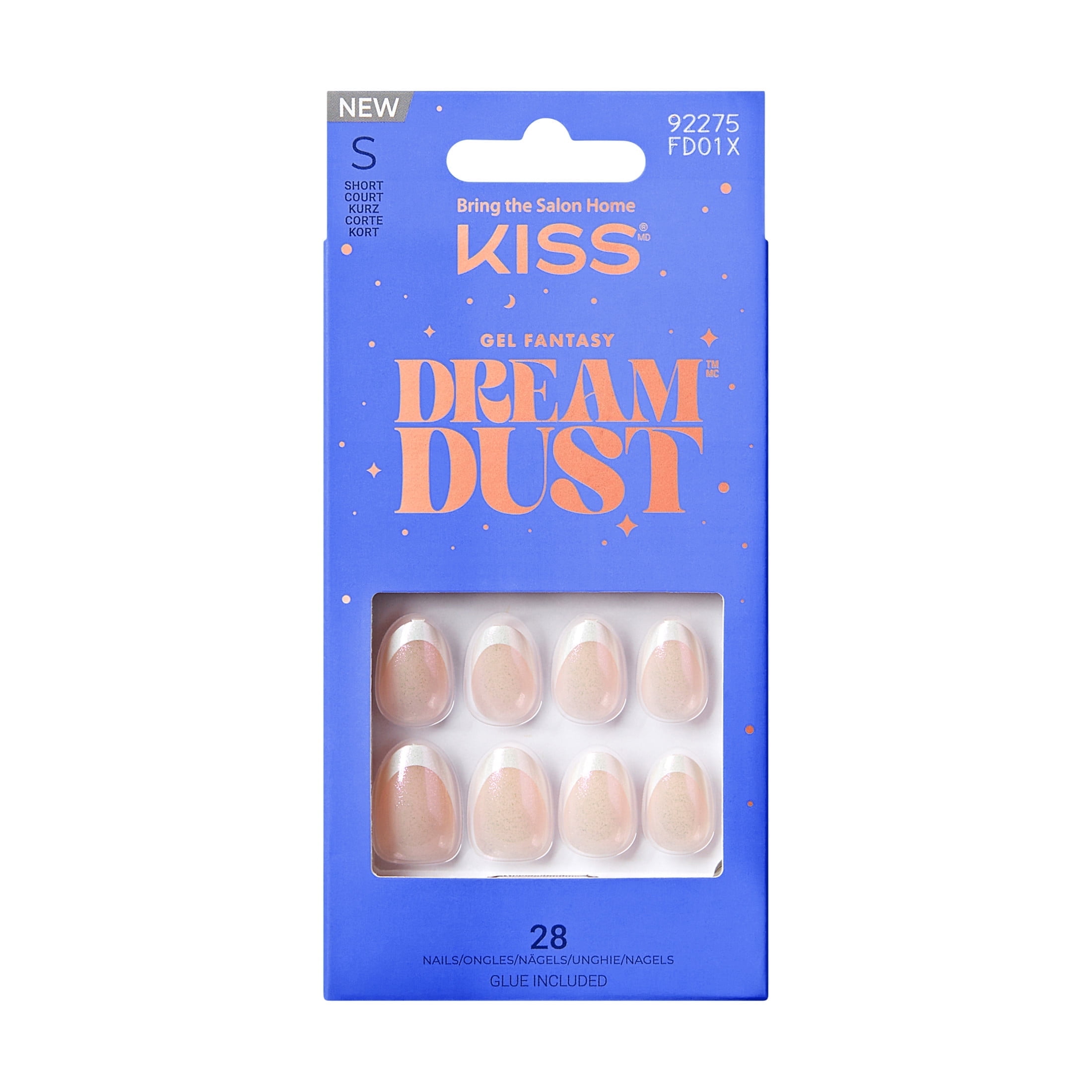 KISS Gel Fantasy Dreamdust Dreamdust, Press On Nails, Unfiltered, White, Short Almond, 28 Count