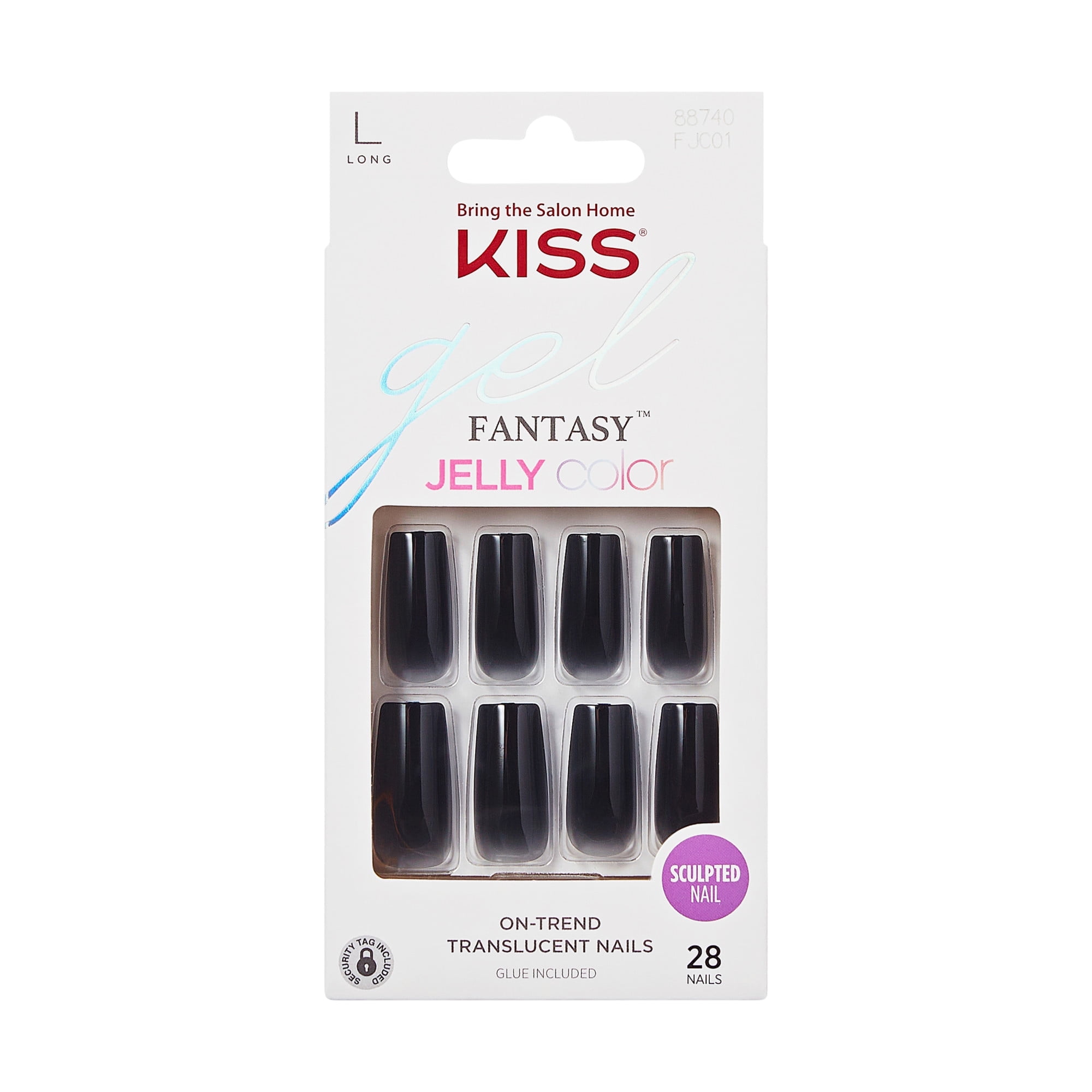 KISS Gel Fantasy, Jelly Color Press On Nails, Black, Long Square