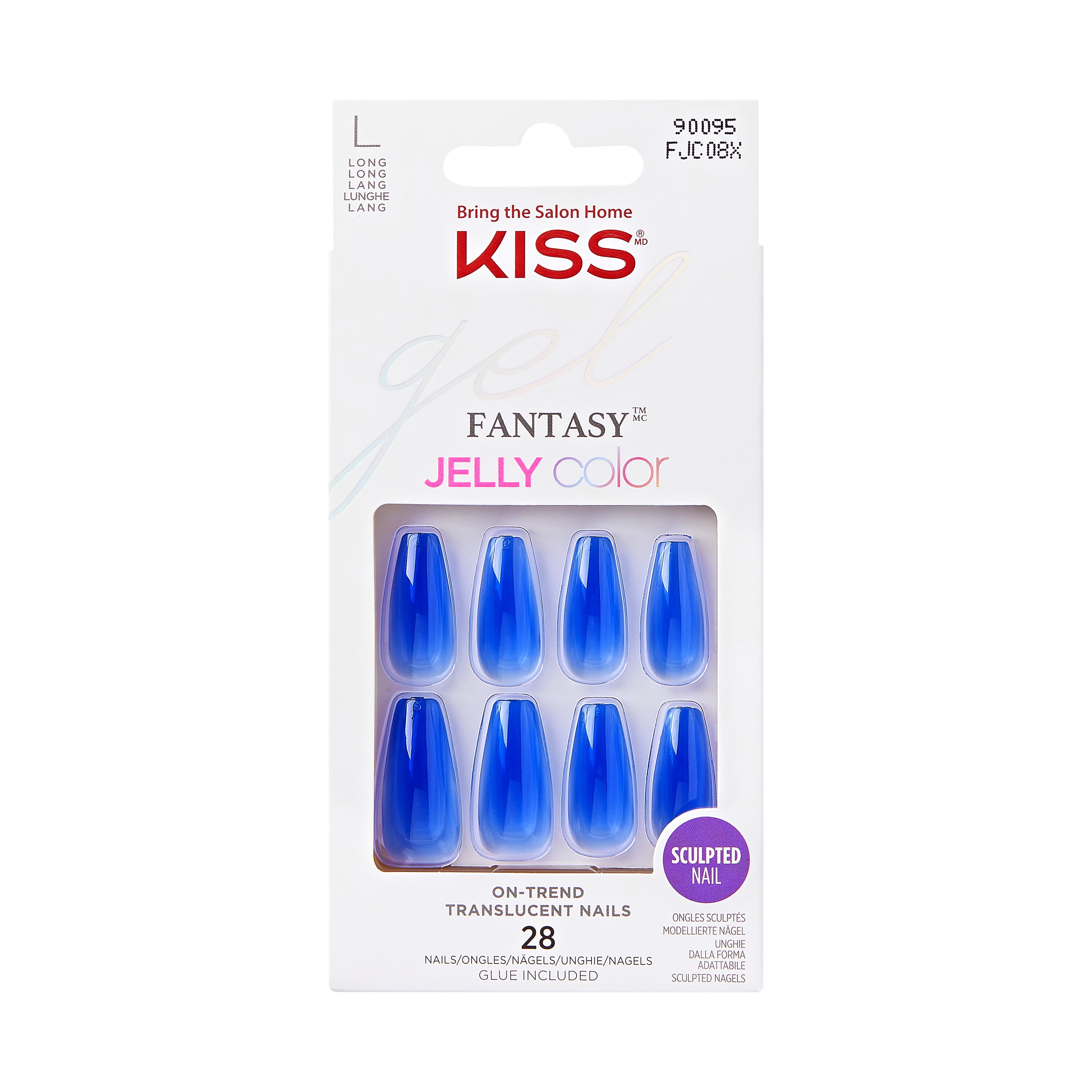 KISS Gel Fantasy Long Coffin Solid Color GlueOn Jelly Nails, Royal Blue, 28 pieces