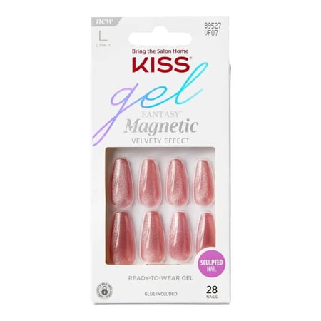 KISS Gel Fantasy Magnetic Long Coffin Gel Nails, Glossy Medium pink, 28 Count