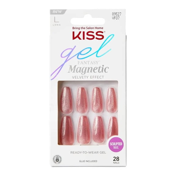 KISS Gel Fantasy Magnetic Long Coffin Gel Nails, Glossy Medium pink, 28 Count