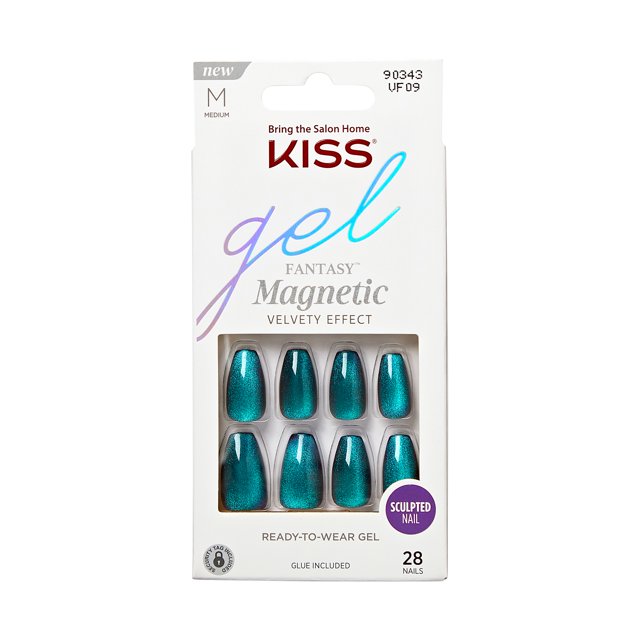 KISS Gel Fantasy Medium Coffin Sculpted Gel Nails, Glossy Dark Blue, 28 Count
