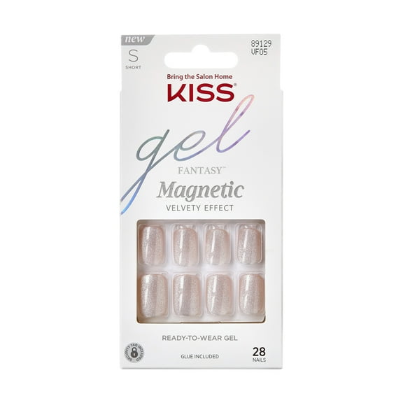 KISS Gel Fantasy Magnetic Press On Nails, Dignity, Silver, Short Square, 28 Count