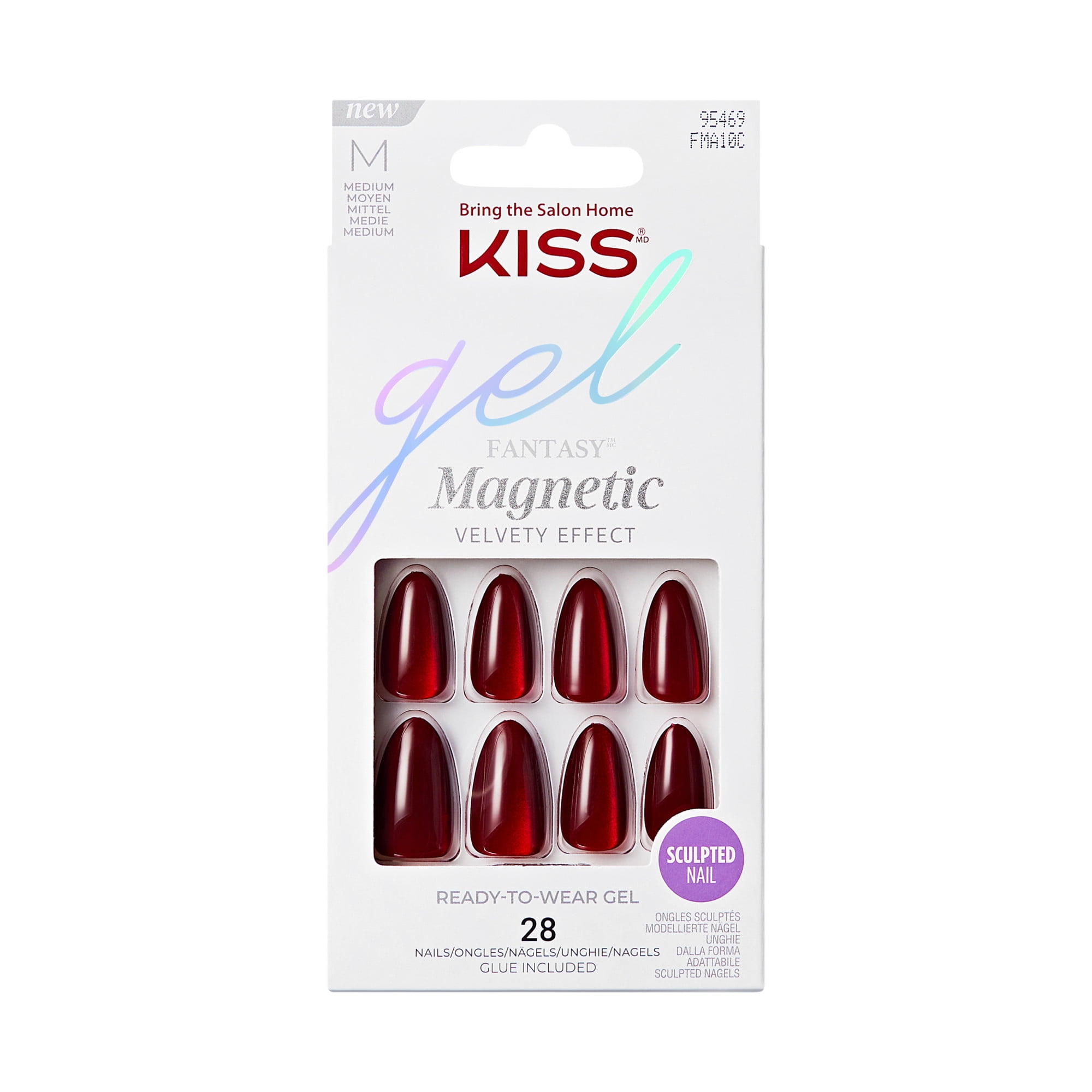 KISS Gel Fantasy Magnetic Press On Nails Almond, Solid Red, Medium, 28 Count