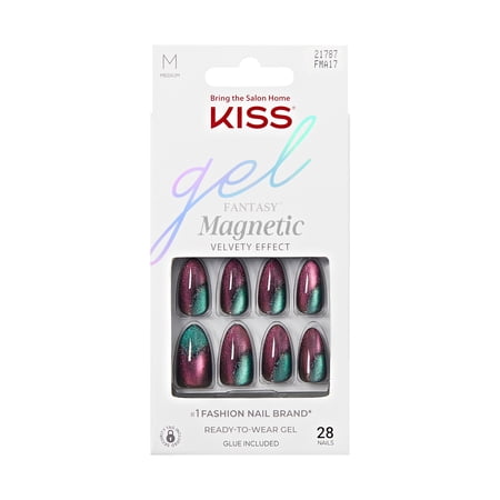 KISS Gel Fantasy Magnetic Press on Nails, Moonlit Veil, Black, Short Oval, 28 Count