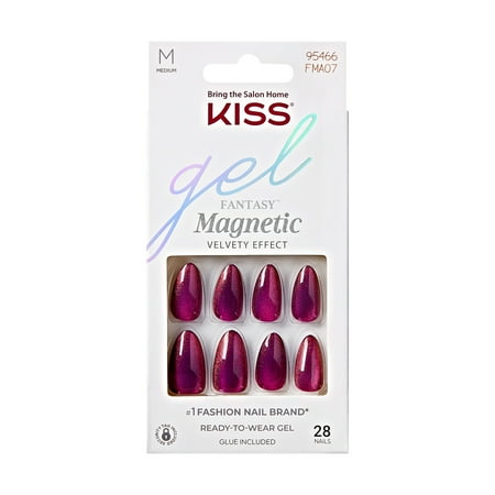 KISS Gel Fantasy Magnetic Press on Nails, Stream, Purple, Medium Almond, 28 Count