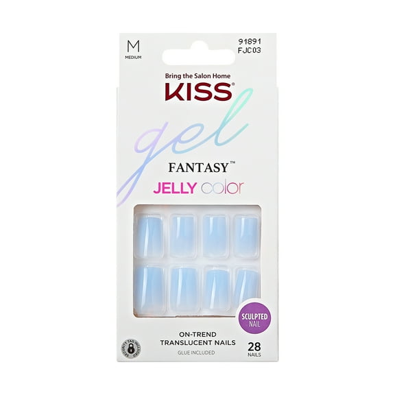 KISS Gel Fantasy, Press-On Nails, Jelly Crushin, Blue, Medium Square, 28 Count