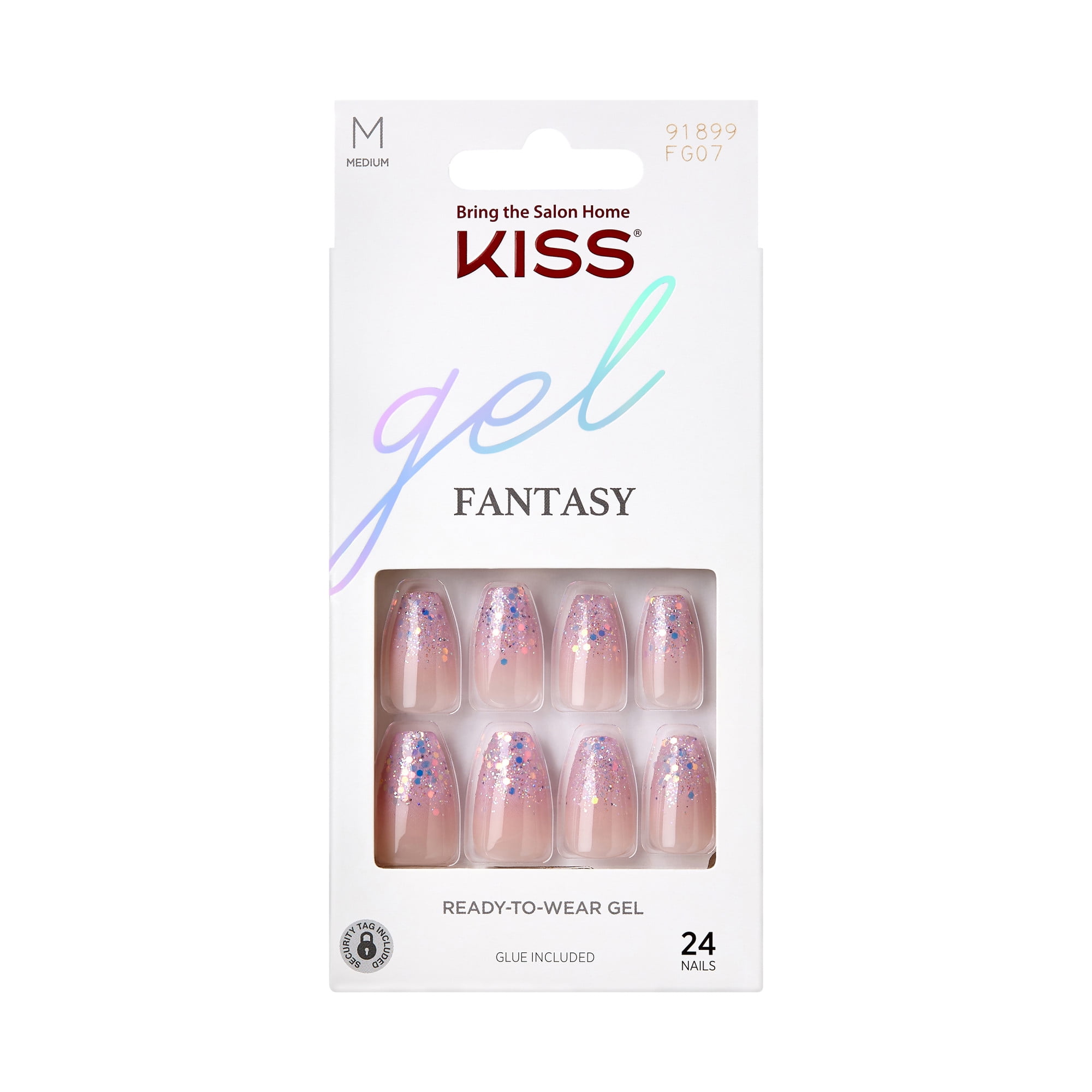 KISS Gel Fantasy Press On Nails, Glittery Pink, Short Coffin Shape, 27 Ct.