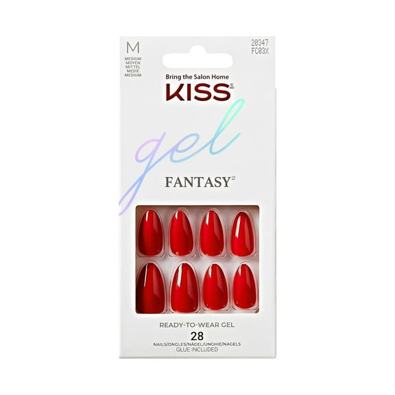 KISS Gel Fantasy Color Press on Nails, Centuries, Red, Medium Almond, 28 Count