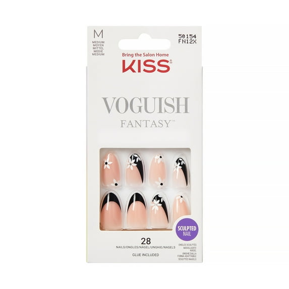 KISS Gel Fantasy Press on Nails, Smart, Black, Medium Almond, 28 Count