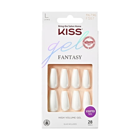 KISS Gel Fantasy, Press on Nails, True Color, White, Long Coffin, 28 Count