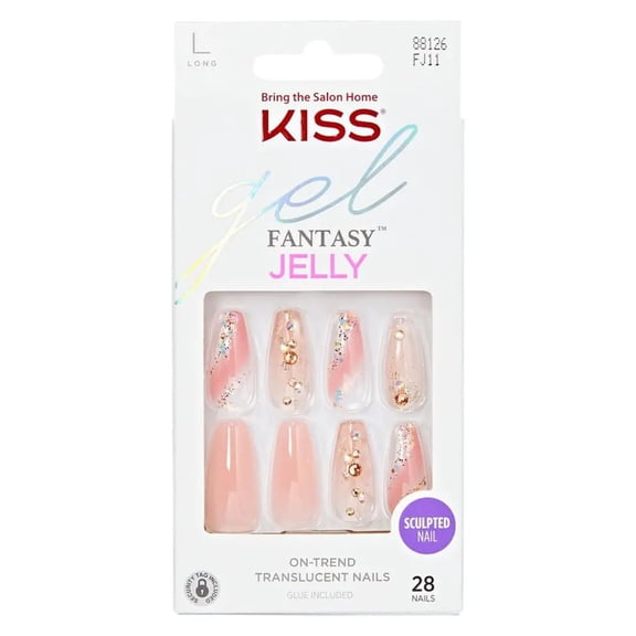 Kiss Gel Fantasy Jelly Sculpted Press On Nails, Jeweled Pink, Long, Coffin Shape, 28 Ct.