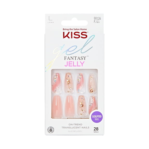 Kiss Gel Fantasy Jelly Sculpted Press On Nails, Jeweled Pink, Long, Coffin Shape, 28 Ct.