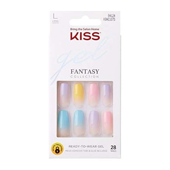 KISS Gel Fantasy Ready-to-Wear Press-On Gel Nails, It's Destiny, Long, Multi-Colored Pastel Tips, Nail Kit with 24 Mega Pink Gel Glue, Manicure Stick, Mini File, and 28 Fake Nails ( PACK OF 2)