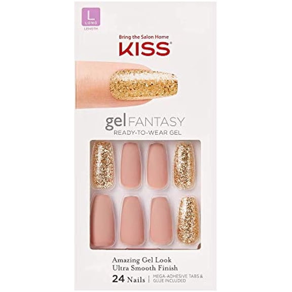 KISS Gel Fantasy Ready-to-Wear Press-On Sculpted Gel Nails, Background, Long, Pink and Gold, High Arch Nail Kit with 24 Mega Adhesive Tabs, Pink Gel Glue, Manicure St