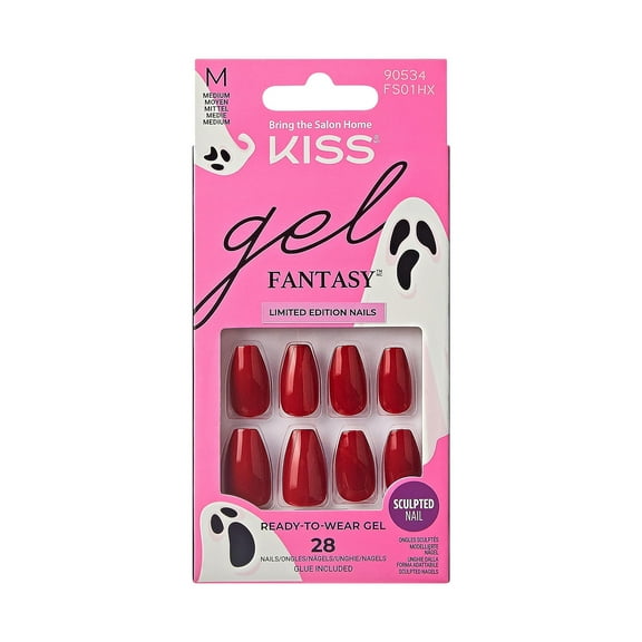 KISS Gel Fantasy Sculpted Halloween Press-On Nails, Solid Red, Medium, Coffin, 31 Ct.