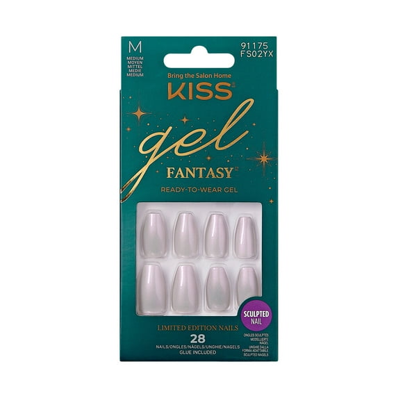 KISS Gel Fantasy Sculpted Holiday Press-On Nails, To Sparkle, Solid White, Medium, Almond, 28 Ct.