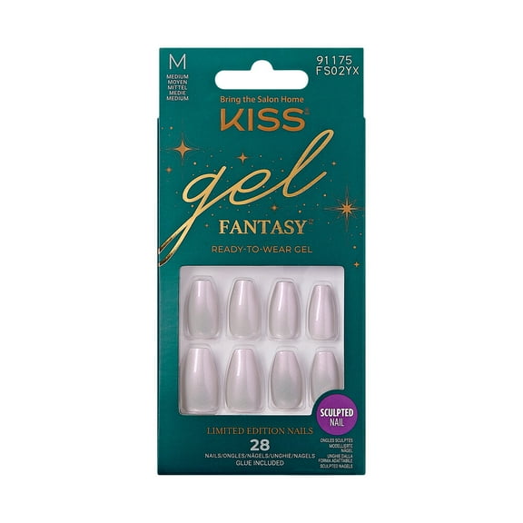 KISS Gel Fantasy Sculpted Holiday Press-On Nails, To Sparkle, Solid White, Medium, Almond, 28 Ct.