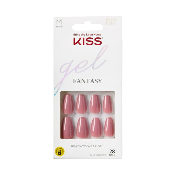 KISS Gel Fantasy, Press On Nails, Nail glue included, 'Letter To Ur EX', Pink, Medium Size, Coffin Shape, Includes 28 Nails, 2g glue, 1 Manicure Stick, 1 Mini File