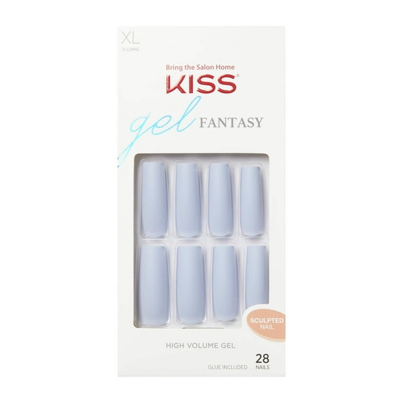 KISS Gel Fantasy Sculpted x-Long Square Glue-On Nails, Glossy Light Blue, ‘Attitude’, 28 Ct.