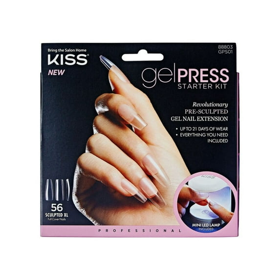 KISS GelPress Professional Gel Nail Starter Kit, Includes 56 Pre-Sculpted Gel Nail Extensions, UV Gel, 1 LED Lamp, 6.7 mL Primer, 1 Nail File, 1 Manicure Stick