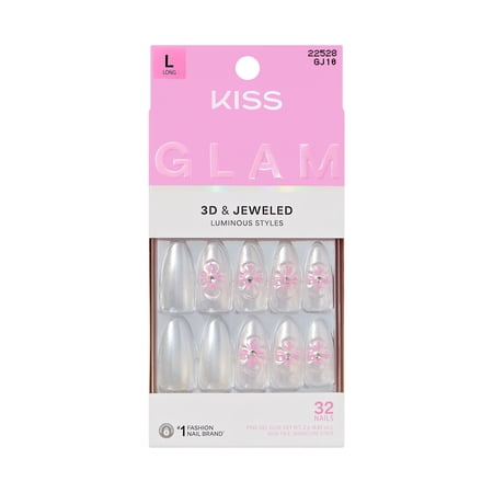 Kiss Glam 3D & Jeweled Long Almond Press-On Nails, Blue, 32 Pieces